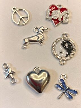 Silver tone new set of charms pendants w Red Love & Blue Dragonfly
